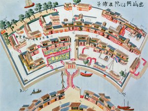 A nangaszaki Desima szigeten található holland gyár terve, Isaac Titsingh (kb.1740-1812) Japán illusztrációiból, London, 1822. alkotó: Dutch School