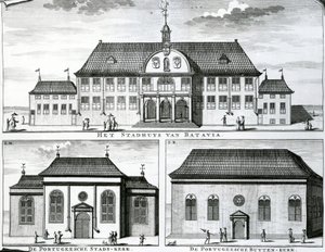 Portugál templom és városháza Bataviában, 19. század, alkotó: Dutch School