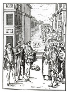 Town Crier eladása, Joos de Damhouder (1507-81) fametszete nyomán a Praxis Rerum Civiliumban, Antwerpen, 1557 alkotó: Dutch School
