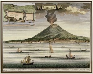 Ternate szigete, Moluccas, Indonézia, illusztráció: Oud Nieuw Oost-Indien, 1724-26 alkotó: Dutch School