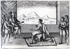 Nzinga ndongói királynő és Joao Correia de Sousa, Luanda portugál kormányzójának találkozója 1622-ben (metszet) alkotó: Dutch School