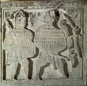 Seljukide Art (Seljukide vagy Saljuqide): két harcost ábrázoló alacsony dombormű. Konyából, Törökországból. 13. század. Török Iszlám Művészeti Múzeum, Isztambul