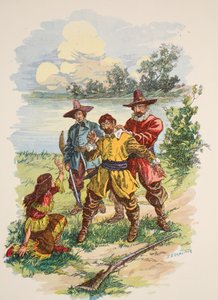 Megfogták a gallérjánál fogva, illusztráció a "Pocahontas"-ból: Az erdő hercegnője", Edward S. Ellis, kiad. McLoughlin Brothers, New York, 1912 körül. alkotó: E.B. Comstock