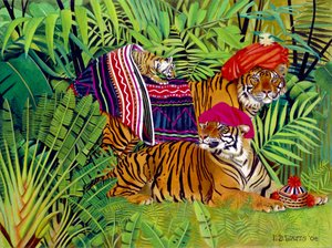 Tigris család thai ruhákkal, 2004 (akril, vászon) alkotó: E.B. Watts