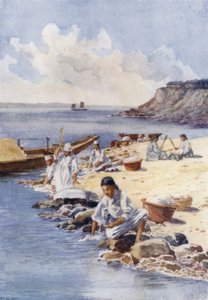 Koreai nők ruhát mosnak a folyóban (színes litho) alkotó: E.H. Fitchew