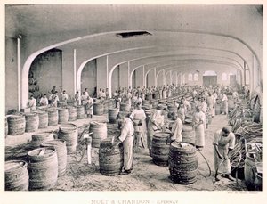 A hordók építése, a „Le France Vinicole”, kocsma. Írta: Moet und Chandon, Epernay (photolith)