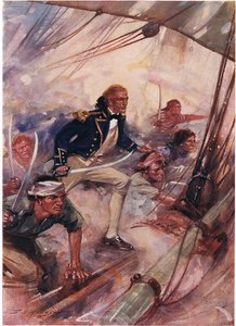Nelson beszáll a San Josefbe a St Vincent-i csatában, illusztráció a „British Battles on Land and Sea” című filmből, kiadó: Cassell, London, 1910 körül