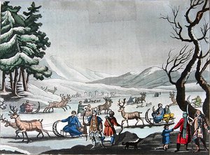 A rénszarvasok által húzott szánokon a téli táborukat elhagyó tunguszok 1820 körül (színes metszet) alkotó: E. (after) Karnejeff