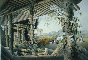 Kilátás a rusztikus székről, Shrublands, a Gardens of Englandből, 1857-ben (színes litó) alkotó: E. Adveno Brooke