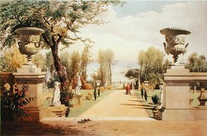 Kilátás a Westfield House kertjeire, Wight-sziget, az 1857-ben kiadott "Gardens of England" című kötetből (kromolito)