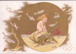 Viktoriánus karácsonyi üdvözlőlap egy kagylóban lévő remeterákról, akit egy halraj veszi körül, Gertrude Thompson, 1895 körül (színes litó)