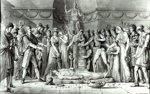 Jean Paul Marat (1743-93) temetése a Club des Cordeliers kápolnájában, 1793. július 16., 1793 körül (toll és tinta papíron) (bw fotó) alkotó: E. Le Sueur