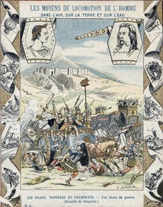 Gall harci szekerek a gergoviai csatában - Tankönyvek védőhüvelyéből, 19. század vége - Tanks de guerre a faux - Vercingetorix a la battle de Gergovia (Kr. e. 52) a gallok háborújában - E Letellier illusztrációja - Protege notebo
