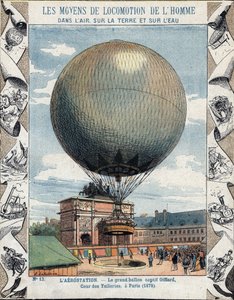 Henry Giffard fogságban lévő léggömbjének felfújása és felszerelése a párizsi Tuileriákba 1878 - Az iskolai könyvek védőhüvelyéből, 19. század vége - E Letellier illusztrációja - Univerelle de 1878 kiállítás Párizsban: az 1878-as párizsi universelle felfúj