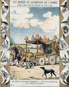 Tankok a középkorban - Egy Chatelaine útközben - E Letellier illusztrációja - Történelmi füzetet véd, 19. század vége alkotó: E. Letellier