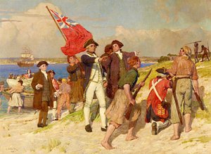 James Cook hadnagy partraszállása a Botany-öbölben, 1770. április 29. (E Phillips Fox festménye) alkotó: E. Phillips Fox