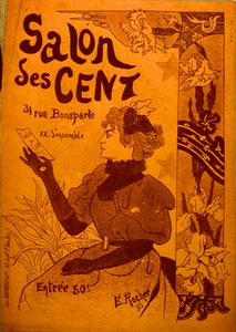 Egy nő, aki egy meghívót vizsgál, Salon des Cent alkotó: E. Rocher