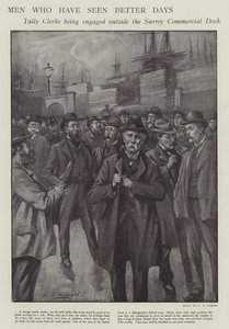 Férfiak, akik láttak már szebb napokat: a londoni Surrey Commercial Dockon kívül eljegyzett hivatalnokok (litho) alkotó: E. S. (after) Hodgson