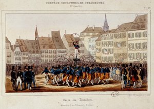 La danse des tonneliers a strasbourgi ipari kortezs alatt 1840.06.25-én. Simon litográfiája alkotó: E. Simon