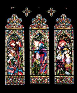 Az Angyali üdvözlet, a látogatás és a születés, Lavers és Barraud, 1860 (festett üveg) (lásd még 11886) alkotó: E. and Halliday, M. F. Burne Jones