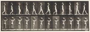 27. tábla. Séta, 70 lb. kő szállítása a fején, felemelt kezek alkotó: Eadweard Muybridge