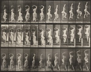 105. tábla. Megforduló és lépcsőn felfelé haladó személy, vízkorsó a bal vállán alkotó: Eadweard Muybridge