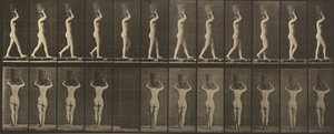 34. táblaszám. Járás és cipelés egy 15 fontot. kosár a fején, felemelt kezek alkotó: Eadweard Muybridge