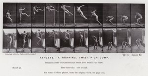 Mozgó emberalak: Sportoló, futó, csavaros magasugrás (f/w fotó) alkotó: Eadweard Muybridge