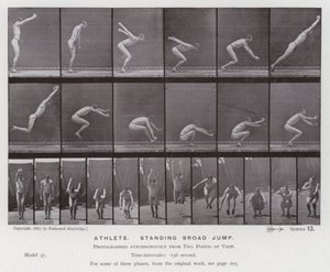 Mozgó emberalak: sportoló, széles ugrás álló helyzetben (f/w fotó) alkotó: Eadweard Muybridge