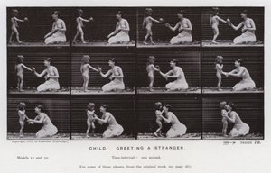 Mozgó emberalak: Gyermek, egy idegent köszön (f/w fotó) alkotó: Eadweard Muybridge