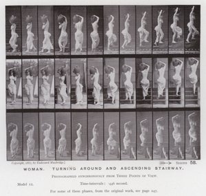 Mozgó emberalak: Nő, megfordul és felfelé megy a lépcsőn (f/w fotó) alkotó: Eadweard Muybridge