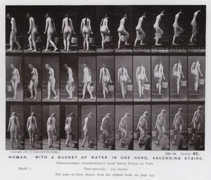 Mozgó emberalak: Nő, egyik kezében egy vödör vízzel, lépcsőn felfelé (f/w fotó) alkotó: Eadweard Muybridge