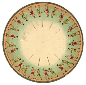 zoopraxiscope lemez, amelyen férfiak bokszolnak, 1893 alkotó: Eadweard Muybridge