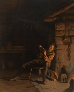 Lincoln gyermekkora. (Egy este a faházban.), 1868 (kromolitográfia papírra, kartonra)