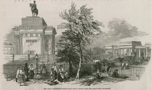 A nagy Wellington-szobor és a boltív, ahogyan a Green Parkból, a Piccadillyről látszik. alkotó: Ebenezer Landells
