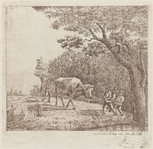 Négy férfi és egy bika Egy vad bika (cím a tárgyon) alkotó: Eberhard Cornelis Rahms