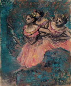 Három táncos piros jelmezben alkotó: Edgar Degas