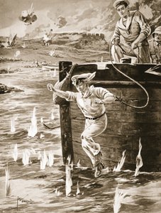 Midshipman Malleson egy kötéllel ugrott egy bárkáról, hogy összekapcsoljon egy másik uszályt, amely sodródott