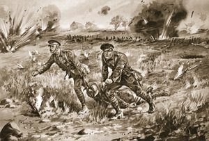 Gannon őrmester segít egy tiszthelyettesnek, hogy sebesült gazdáját behozza, nagyon heves tűz alatt. alkotó: Edgar Alfred Holloway