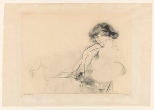 Fiatal nő íjjal a hajában ül egy széken alkotó: Edgar Chahine (signed by artist)
