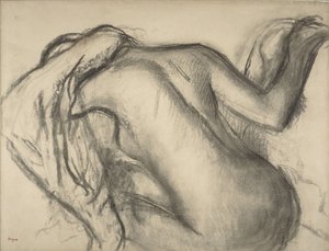 Fürdés után hajszárító nő, 1893-98 körül (szén és barna kréta papíron)