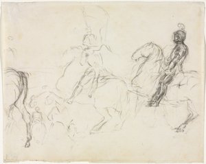 Csatajelenet páncélozott alakokkal lóháton recto két ülő nő verso, 1856-1860. alkotó: Edgar Degas