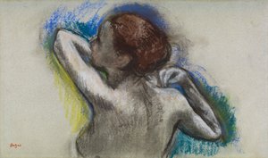 Vállpántját igazgató táncosnő, 1895-1900 körül (faszén és pasztell papíron) alkotó: Edgar Degas