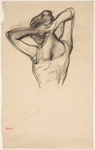 Táncosnő beállítja a haját; fél alak profilban balra, fele hátulról alkotó: Edgar Degas