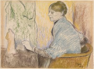 Henri Rouartné karosszékben, egy Tanagra-szobrocskás asztalka előtt alkotó: Edgar Degas