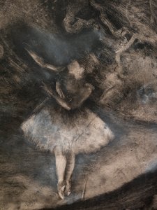 A balett mestere (részlet) (Ludovic Lepic közreműködésével). 1876. Monotípia fekete tintával, fehér kréta kiemelésekkel alkotó: Edgar Degas