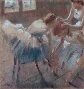 Három táncos készül az órára, 1880 körül (pasztell szőtt színű papíron) alkotó: Edgar Degas