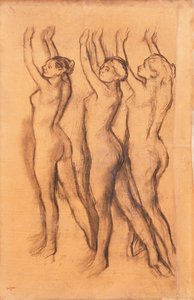 Három táncos bodyban, felemelt karokkal, alkotó: Edgar Degas