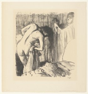 A nő megszárítja magát a fürdő után, és ruhát ad neki a nőtől La sortie du bain alkotó: Edgar Degas