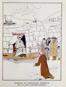 Rubruck Vilmos (1200 körül - 1256) Mangu tatár törzsfőnök előtt 1251-ben, Georges Goyau (1869-1939) "A la Conquete du Monde Paien" című művéből 1933 (színes litográfia).